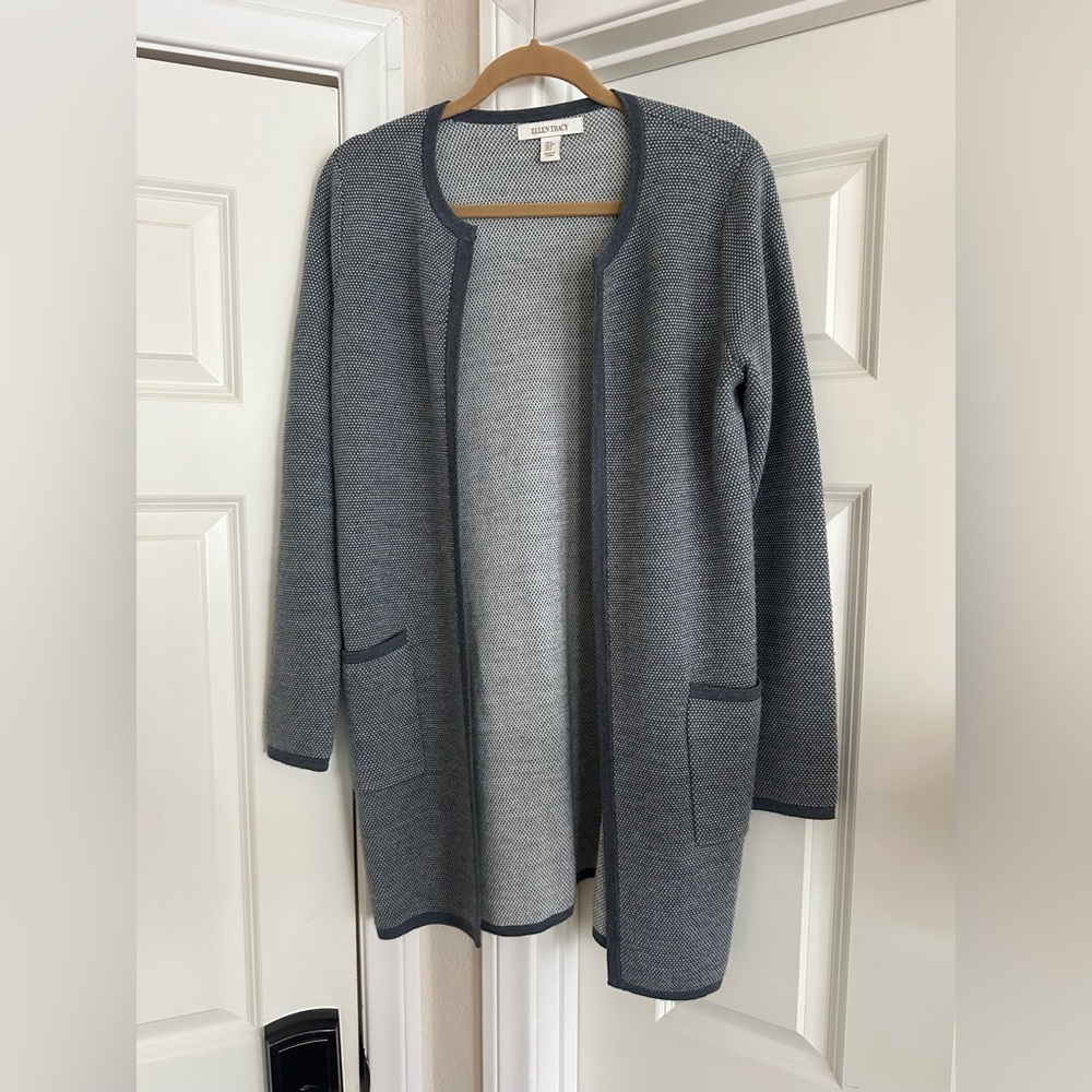 Ellen Tracy Blue/Gray Open Front Cardigan